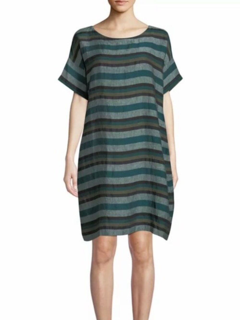 EILEEN FISHER XL Organic Linen STRIPED SUN DRESS Upscale Casual 18 Green Gray